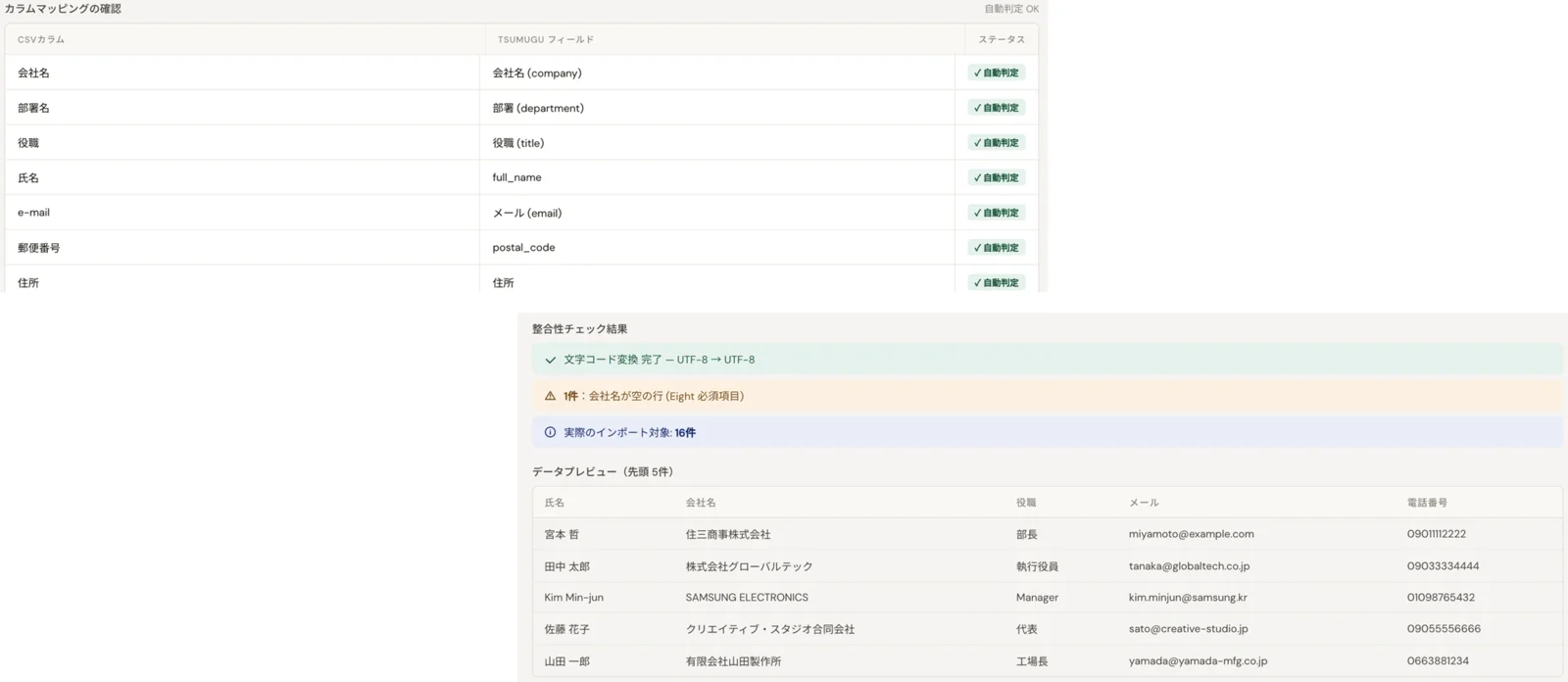 カラムマッピングの自動判定と整合性チェックの結果